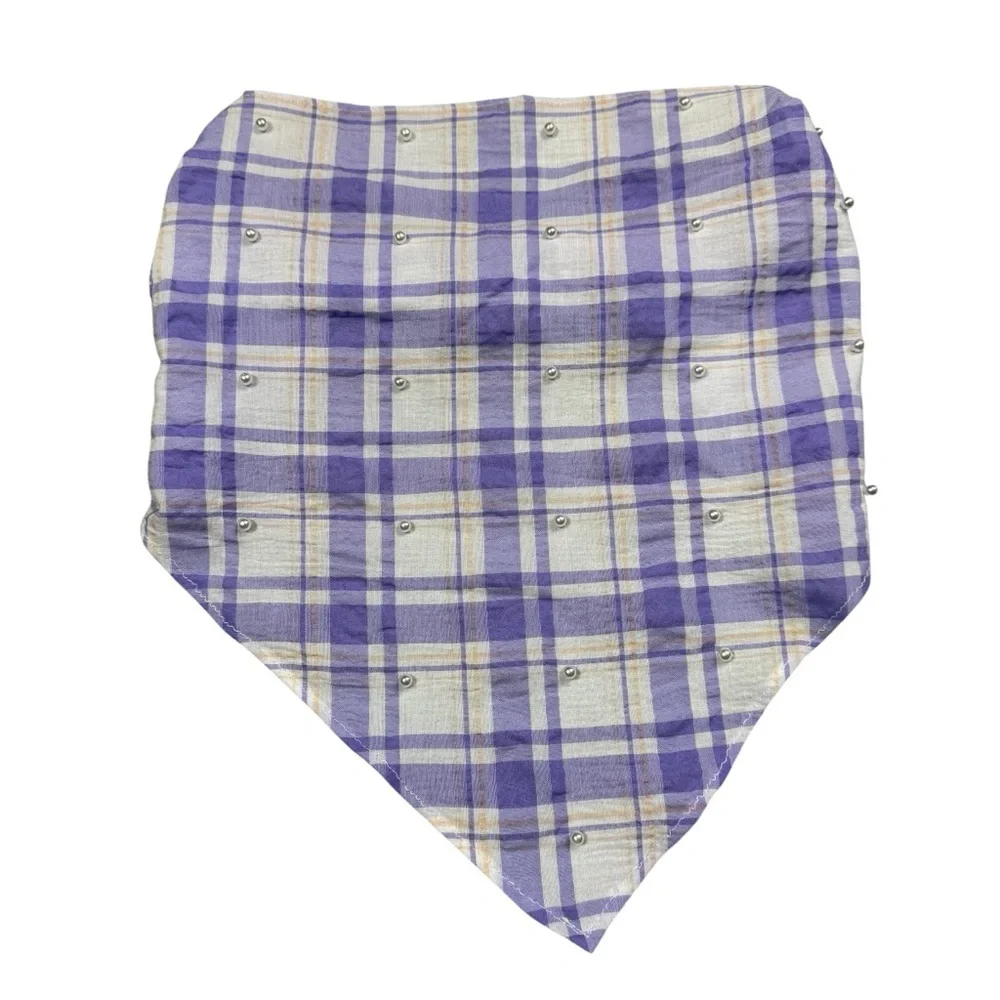 New Anthropologie Purple Plaid Pearl Embellished Hair Scarf